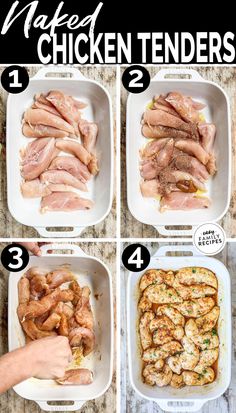 steps to make chicken tenders in a casserole dish with text overlay