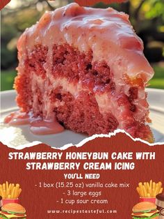 FAMILY RECIPES COMMUNITY | Strawberry Honeybun Cake with Strawberry Cream Icing 🍰🍓 | Facebook Strawberry Hunny Bun Cake, Strawberry Honeybun Cake Recipe, Strawberry Honey Bun Cake, Strawberry Honeybun Cake, Honeybun Cake Recipe, Honeybun Cake, Strawberry Cream Cheese Icing, Honey Bun Cake, Bun Cake