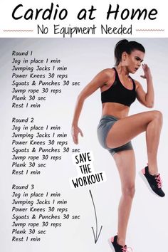 a woman is doing cardio at home with her legs spread out and the text below reads cardio at home no equipment needed