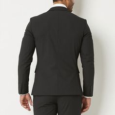 J. Ferrar's suiting is always made with your lifestyle in mind. This men's lined super slim-fit suit jacket is made from a woven blend with a touch of stretch for added comfort and mobility. It has 5-pocket tailoring, sharp notched lapels, and fastens with two buttons - style it with a pair of suit pants and a dress shirt. Front Style: Single BreastedFeatures: Stretch FabricClosure Type: ButtonFit: Super Slim FitPockets: 2 Front Flap Pockets, 1 Chest Slip Pocket, 1 Inside Slip Pocket, 1 Inside B Fitted Black Blazer For Business Meetings, Fitted Blazer With Suit Collar For Business Meetings, Professional Fitted Blazer For Business Meetings, Fitted Professional Blazer For Business Meetings, Slim Fit Blazer With Suit Collar, Slim Fit Blazer With Suit Collar For Business Casual, Slim Fit Single Breasted Blazer In Suiting Fabric, Slim Fit Single Breasted Blazer, Slim Fit Blazer In Suiting Fabric For Office