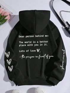 Black Casual Collar Long Sleeve Knitted Fabric Slogan Pullovers Embellished Slight Stretch  Teen Girls Clothing Thermal Hoodie, Letter Print Hoodie, Girl Sweatshirts, Casual Hoodie, Dream Dress, Graphic Hoodies, Clothing Patterns, Plus Clothing