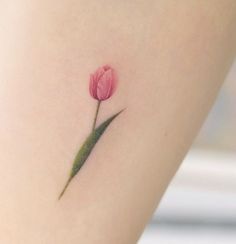 a single pink tulip tattoo on the right thigh