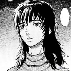 an anime character with long hair looking at the moon above her head, in black and white