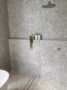 a white bath tub sitting under a faucet next to a wall mounted soap dispenser