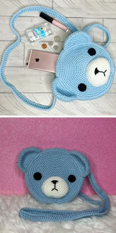 there is a crocheted bag with a teddy bear on the front and bottom