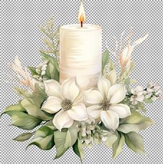 a white candle surrounded by flowers and greenery on a transparent background with clippings