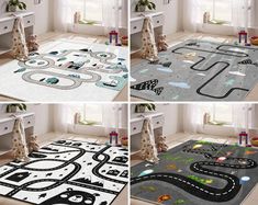 four different pictures of a child's play area with cars and roads on the rug