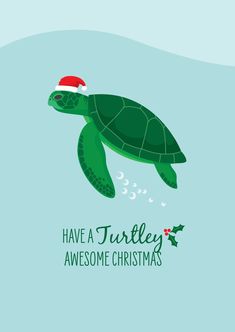 a green turtle with a santa hat on it's head swimming in the water