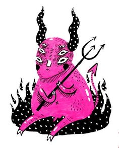 a drawing of a pink monster holding a fishing rod and sitting on the ground with flames around it