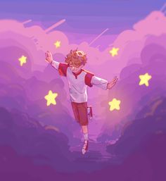 a boy is flying through the air with his arms out and stars in the sky behind him