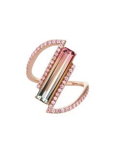 Reflecting a contemporary style, this bi-color tourmaline ring features a super-elongated center stone and rose gold band that wraps arounf the finger, studded with Argyle Pink Diamonds. Tourmalines are one of the most diverse gems in jewelry; offering a wide color range in a single stone. 5.44ct Tourmaline 0.51ct Argyle 8P/PP-9P/PP PC1 Pink Diamonds Ring set in 18K Rose Gold Ring With Square Stone, Stone Finger Ring Design, 2 Stone Ring Design, Colorful Gold Jewelry, Oval Gemstone Ring, Ring For Index Finger, Minimal Rings, Stone Settings Jewelry, Diamond Finger Ring