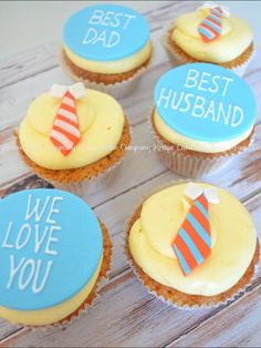 four cupcakes with the words best husband and we love you written on them