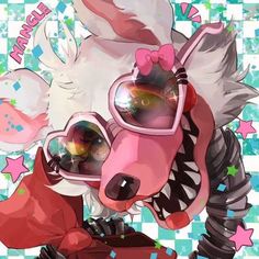 an animal with sunglasses and a bow tie on it's head is standing in front of a checkered background