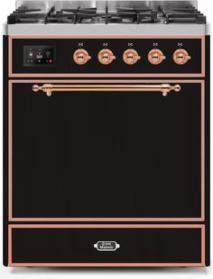 a black and copper oven with two burners on the front, and three burners on