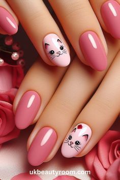 Nail Art Cat Designs, Nail Art Acrylic Designs, Nail Art Pink Designs, Long Nails For Kids, Art Nails Design Ideas, Pink Nails Design Ideas, Gel Polish Nail Design, Cute Pink Nail Designs, Pink Nail Art Ideas