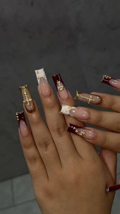 NYC NAIL TECH on Instagram: "😍😍😍😍  -November bookings are open 💕💕 -Follow @designsbyjayy_ 💕💕 - - - - - - #bronxnails #bronxnailtech #cutenails #trendynails #naillove #instanails #nailtrends #naildesign #nailart #nailartist #goldnails #naillove #fallnails #valentinobeautypure #frenchtipnails #nailedit #longnails #nailsinstagram #instanails #valentinoacrylic #nailideas #aestheticposts #trendingreels" Burgundy And White Nail Designs, Wine Red And Gold Nails, Burgundy Nail Designs Classy, Burgundy Nails With Design, Burgundy Nail Designs, Fye Nails, Nyc Nails, Burgundy Nails, French Tip Nails