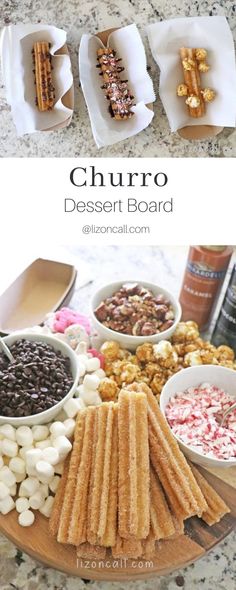 an assortment of desserts on a wooden platter with the words churro desert board