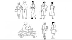 a line drawing of people standing and sitting around the same person on a motorbike