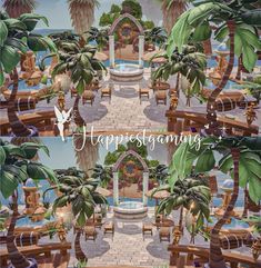 this is a digital collage of a tropical setting with palm trees and an arch in the middle