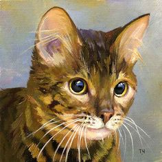 a painting of a cat with blue eyes and whiskers on it's face