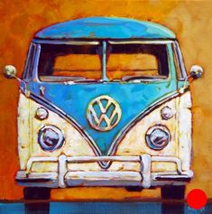 a painting of an old vw bus painted in blue and yellow with the word volkswagen on it