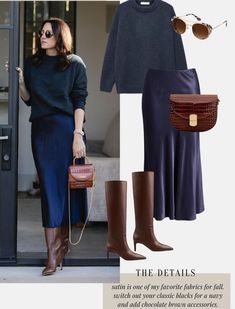 Soft Summer Celebrities Outfits, Navy Blue Boots Outfit, Navy Blue Monochromatic Outfit, Classy Rocker Chic Style, Outfit Ideas Rock, Slip Skirt Outfit, Blue Skirt Outfits, Capsule Wardrobe Neutral, Classy Winter Outfits