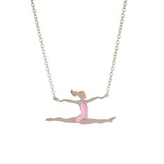 a silver necklace with a pink ballerina in the middle and a chain on it