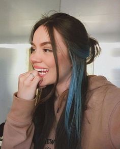 Brunette With Blue Peekaboo, Hair Color For Side Part, Under Streaks Hair, Hair Coloring Underneath, Subtle Blue Highlights In Brown Hair, Peekaboo Colored Hair, Edge Hair Color, Blue Under Highlights, Under Pieces Dyed Hair