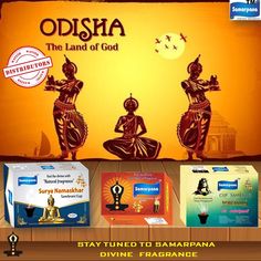 an advertisement for sidsha the land of god, with three statues in front of it