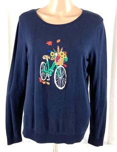 Talbots Petite Womens Navy Blue Bike Graphic Embroidered Sweater Lp Cotton Blend Blue Bike, Casual Pullover Sweater, Sleeves Sweater, Embroidered Sweater, Navy Women, Pullover Sweater