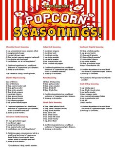 How To Season Popcorn, Popcorn Spices Seasoning Mixes, Spice Mixes Make Your Own, Dry Seasoning Mixes, Diy Popcorn Seasoning, Homemade Popcorn Seasoning, Popcorn Seasoning Recipes, Diy Spice Mix, Popcorn Seasonings