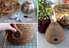 four pictures showing different ways to make a planter out of jute and rope