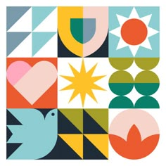 an abstract poster with geometric shapes and birds