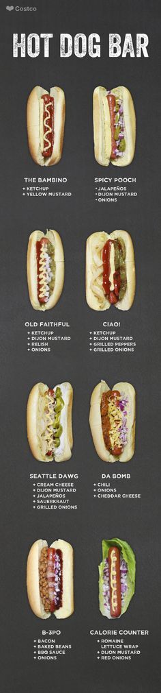 the hot dog bar menu is shown with different types of hot dogs on buns