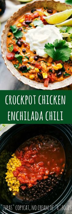 the crockpot chicken enchilada chili is ready to be eaten and served