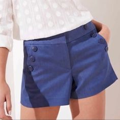 Brand New, Crisp, And In Mint Condition! Blue Button-up Cotton Shorts, Blue Cotton Button-up Shorts, Elegant Buttoned Shorts For Spring, Blue Cotton Shorts With Buttons, Blue Button-up Bottoms For Work, Casual Button-up Workwear Shorts, Blue Cotton Bottoms With Buttoned Pockets, Summer Blue Bottoms With Buttoned Pockets, Blue Bottoms With Buttoned Pockets For Summer