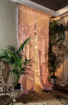 a living room filled with lots of plants next to a window covered in sheer curtains