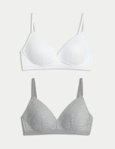 Made from super-soft cotton-rich material with a ribbed finish, these bras from our M&S Collection range have a sporty look. The perfect first bra, they're specially designed with comfy, non-wired cups to support a growing shape. Light padding ensures a smooth look under clothes. Comes in a handy pack of two in different colours. M&S Collection Bras: simple and supportive bras specially designed for pre-teens. Bras For Teens, First Bra, Supportive Bras, Cotton Bras, Womens Bras, Support Bras, Lip Balms, T Shirt Bra