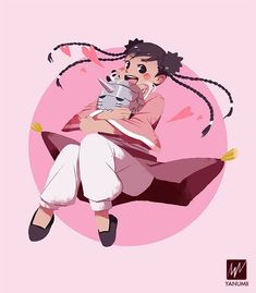 a woman holding a cat in her arms while sitting on top of a pink circle