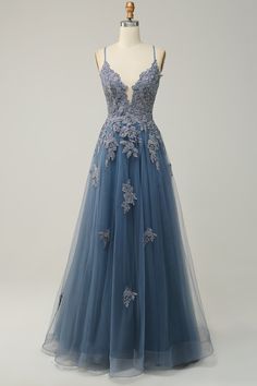 This style of prom dress features a plunging V neckline with a sheer mesh overlap, spaghetti shoulder straps that create a lace-up back, a corset bodice with beaded floral embroidered appliques flowing down to the skirt, and a gathering floor-length skirt with boning at the hemline for a structured flare.  Color: Dusty Sage & Hunter Green & Lavender & Dusty Blue & Blush Pink.  Fabric: Tulle. Shell: 100% Polyester Length: Full Length  Back: Lace-Up. Fully lined. Built-in bra Hand Wash Cold. Do No Green Formal Dresses, Happy Bride, Lace Prom Dress, Sophisticated Dress, Tulle Prom Dress, Dress Spaghetti, Columbus Ohio, Floor Length Dresses, Long Prom Dress