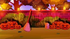 an animated halloween scene with pumpkins and witches