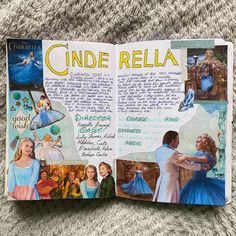 an open children's book with pictures of cinderella