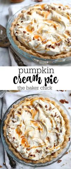 pumpkin cream pie with whipped cream and pecans on top