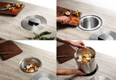 four pictures showing how to use a colander