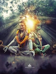 an image of the hindu god and goddess sitting in front of trees with sunbeams