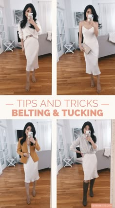 Belting and tucking tips and tricks + 4 ways to style a slip dress Slip With Sweater, Silky Slip Skirt Outfit, What To Wear Over A Satin Slip Dress, Cowl Neck Slip Dress Outfit Winter, Ivory Slip Dress Outfit, Slip Dress Formal Outfit, Shirt Over Bodycon Dress Outfit, How To Style A Slip Dress Outfit Ideas, How To Style A Blazer With A Dress