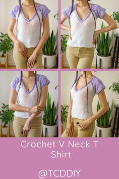 four photos of a woman wearing a crochet v neck t shirt