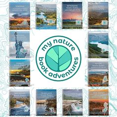 the book cover for my nature adventures is shown in blue and green colors, with images of different places around it