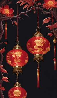 two red lanterns hanging from a tree with leaves and flowers on it's sides