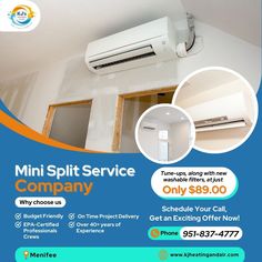 a flyer for a mini split service company with an image of a window and air conditioner